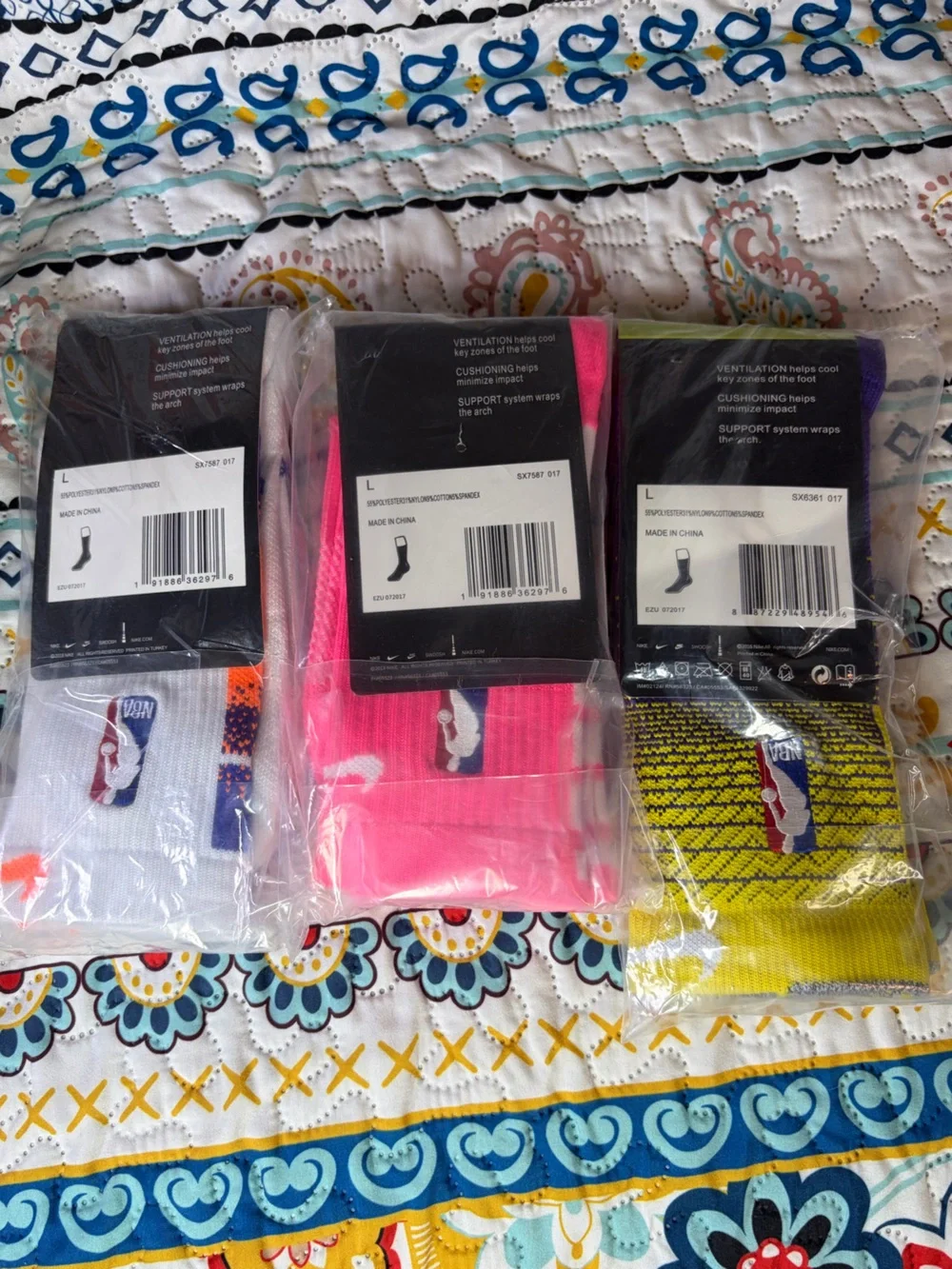 NBA Nike Elite Crew Socks - White, Pink, Yellow & Purple Accent